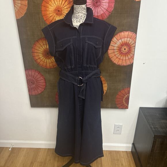 Free Assemble Blue Utility Dress Button Down Cap Sleeve Midi Minimalist Modern M - Picture 1 of 6